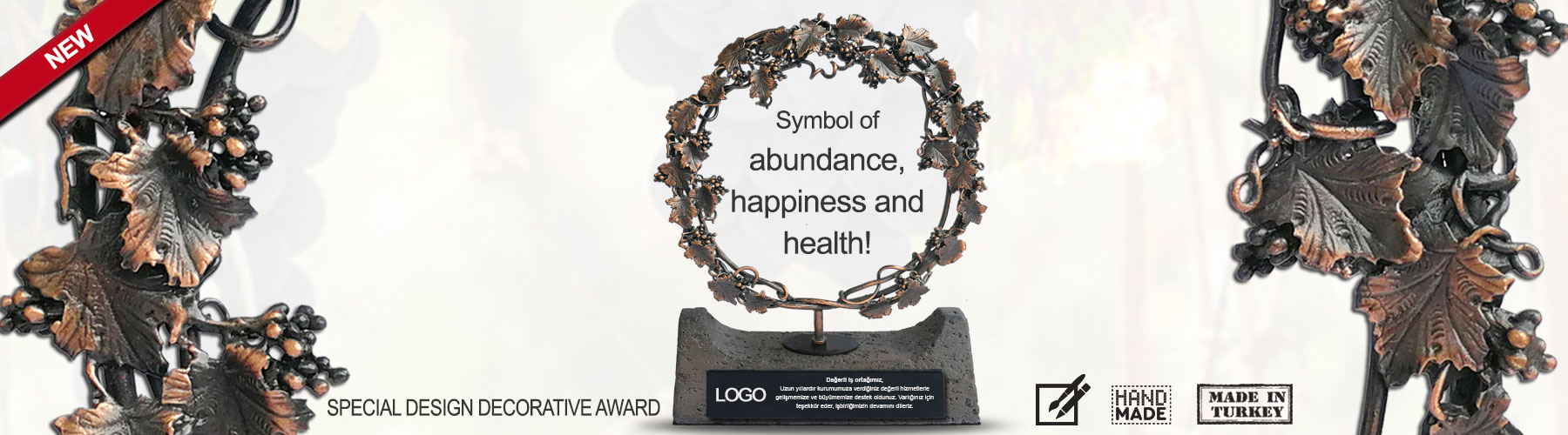 Abundance, happiness end health themed decorative award plaque