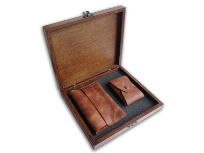 Leather Travel Wallet and Card Holder Set in Wooden Box